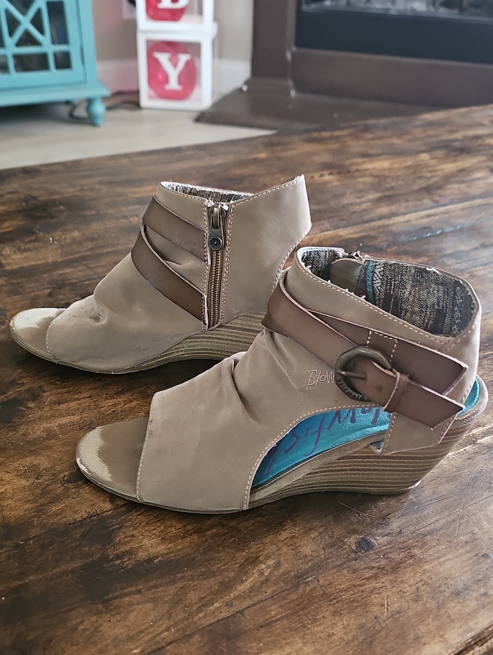 Blowfish Taupe and Brown Peep-Toe Wedge Sandals